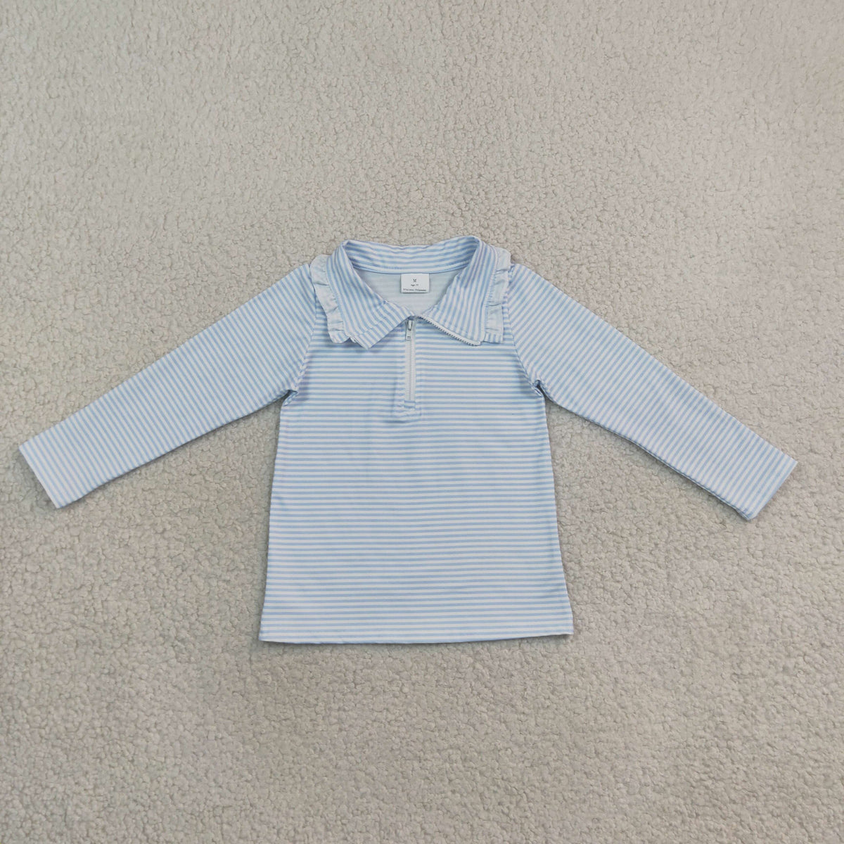ruffle collared blue striped zip pullover girls top
