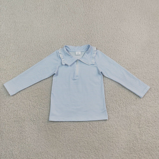 ruffle collared blue striped zip pullover girls top