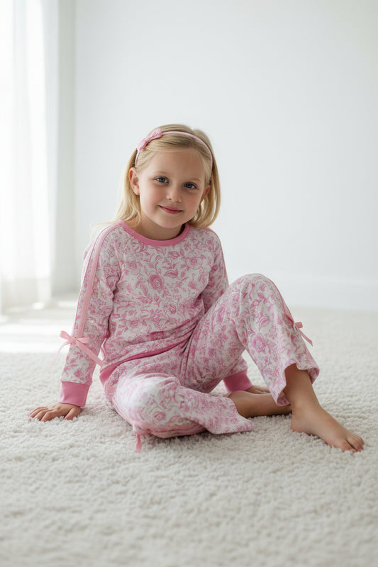long sleeve pink flower sweatershirt pants outfit girls outfit for fall