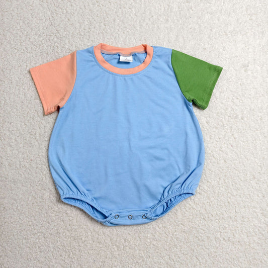 blue peach green contrast color bubble romper