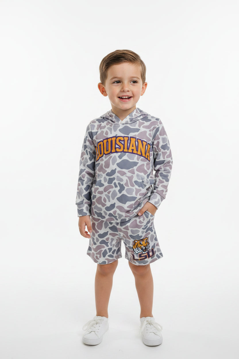 LSU football team camo hoodie shorts set