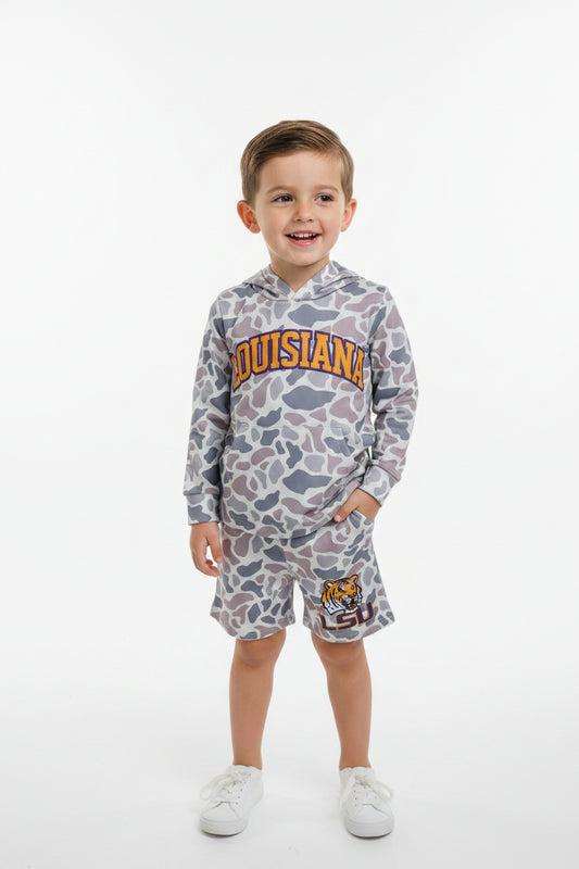LSU football team camo hoodie shorts set