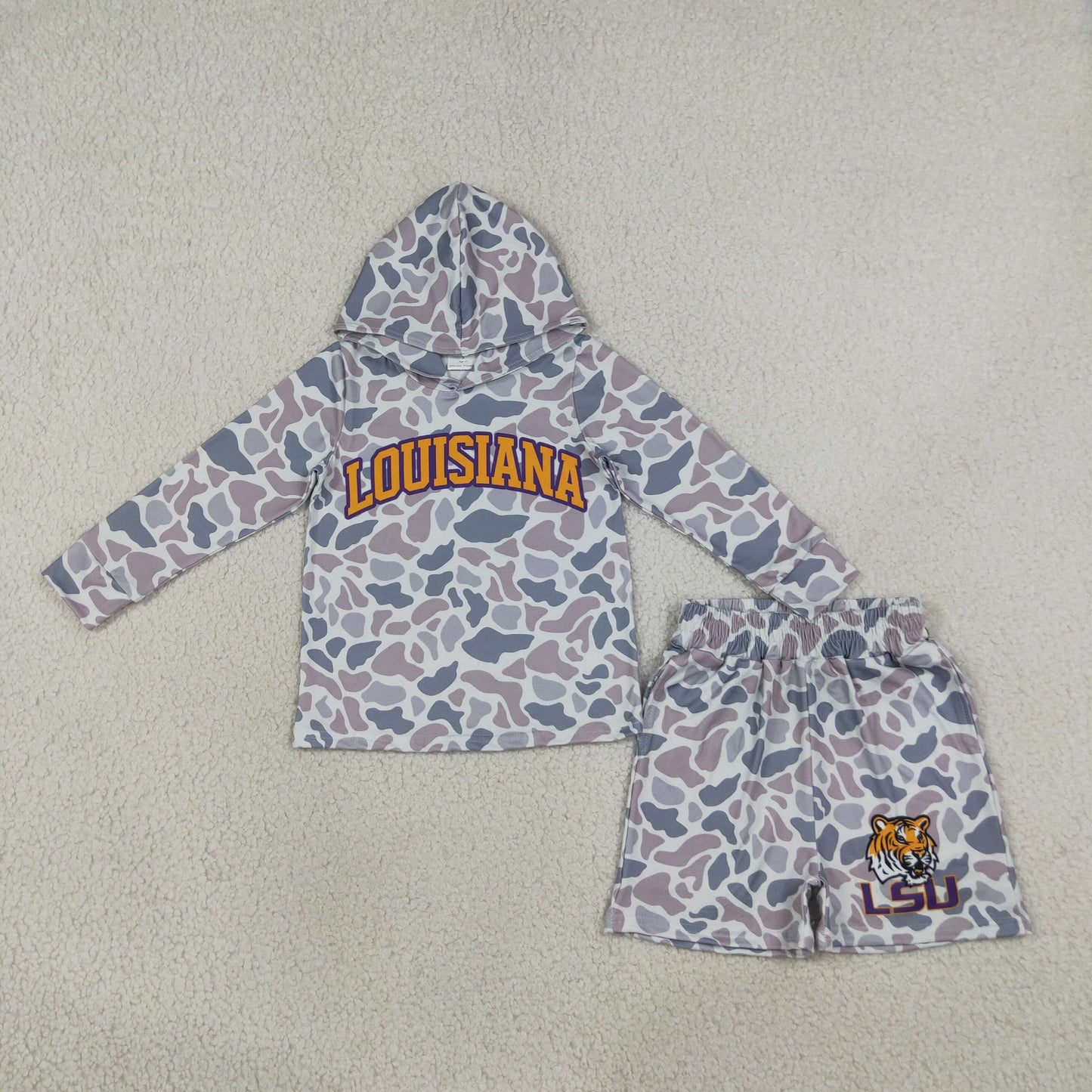 LSU football team camo hoodie shorts set