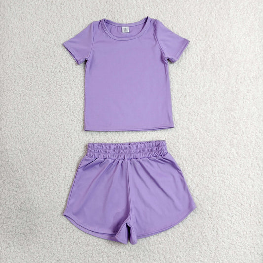 solid purple athletic shorts set sports yoga toddler girl clothing