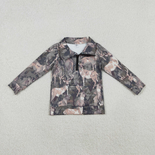 GT1180 Baby Girls Olive Deer Camo Pockets Zipper Yoga Pullovers Top D 1030
