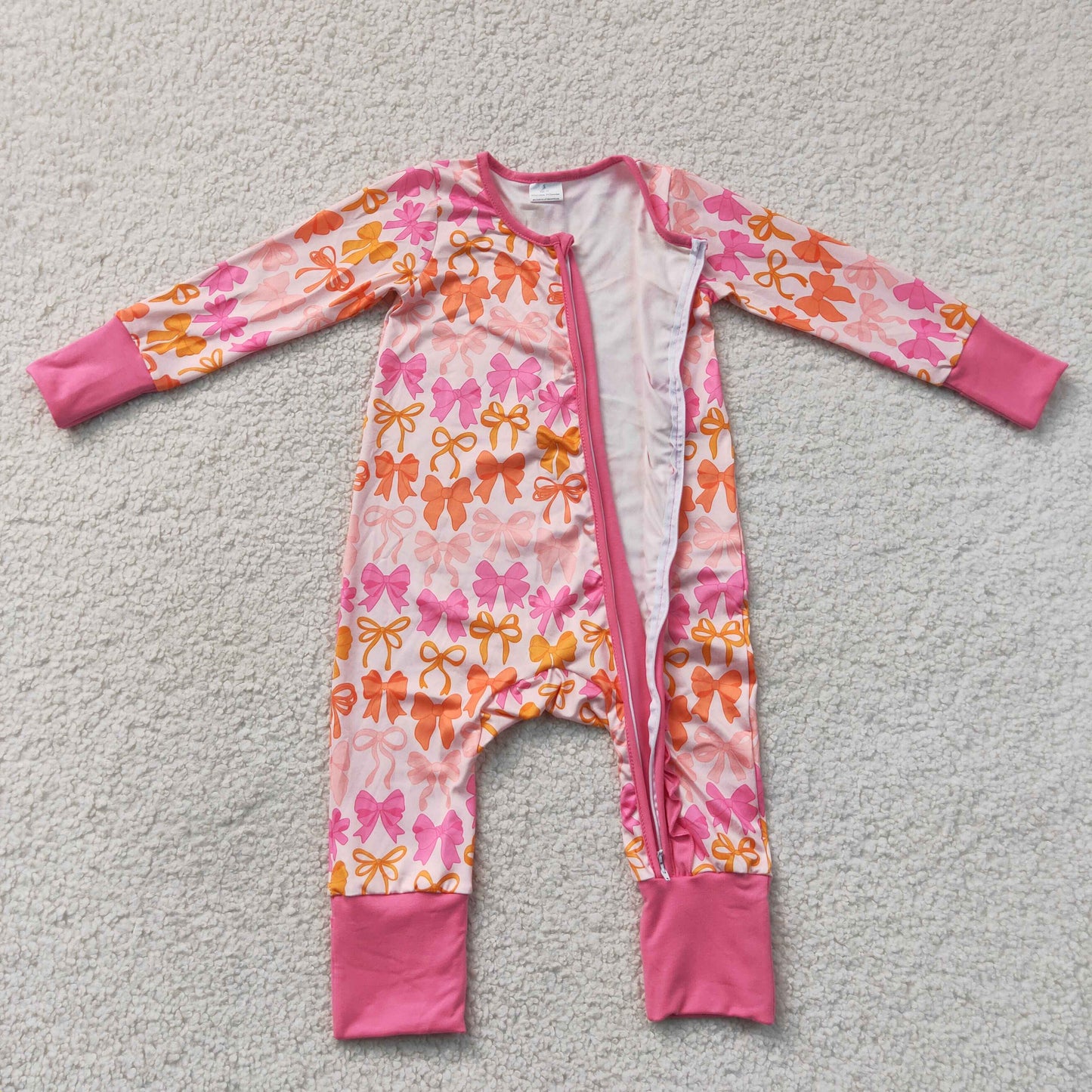 LR2567 long sleeve orange coquette bow ruffle zipper sleeper fall baby clothing
