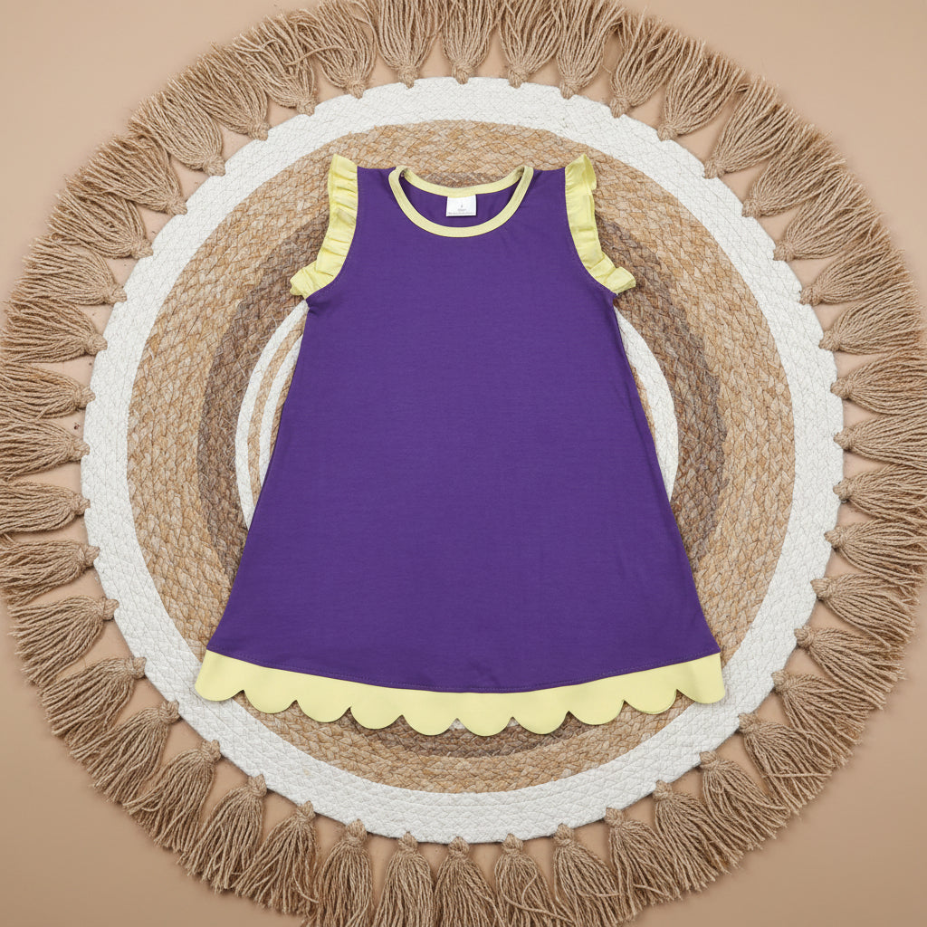 solid purple yellow scallop dress