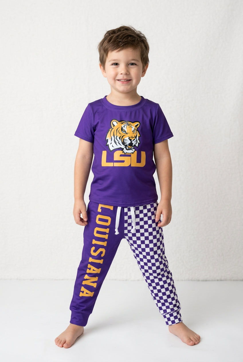 digital print LSU purple check kids outfit