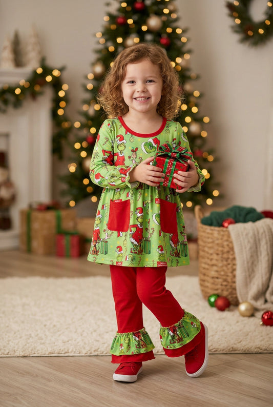 grinchmas ruffle pants set christmas girl outfit with pocket