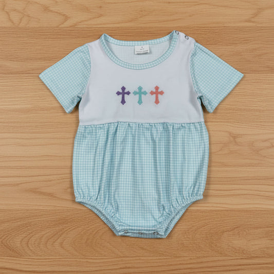 easter cross blue gingham embroidered romper