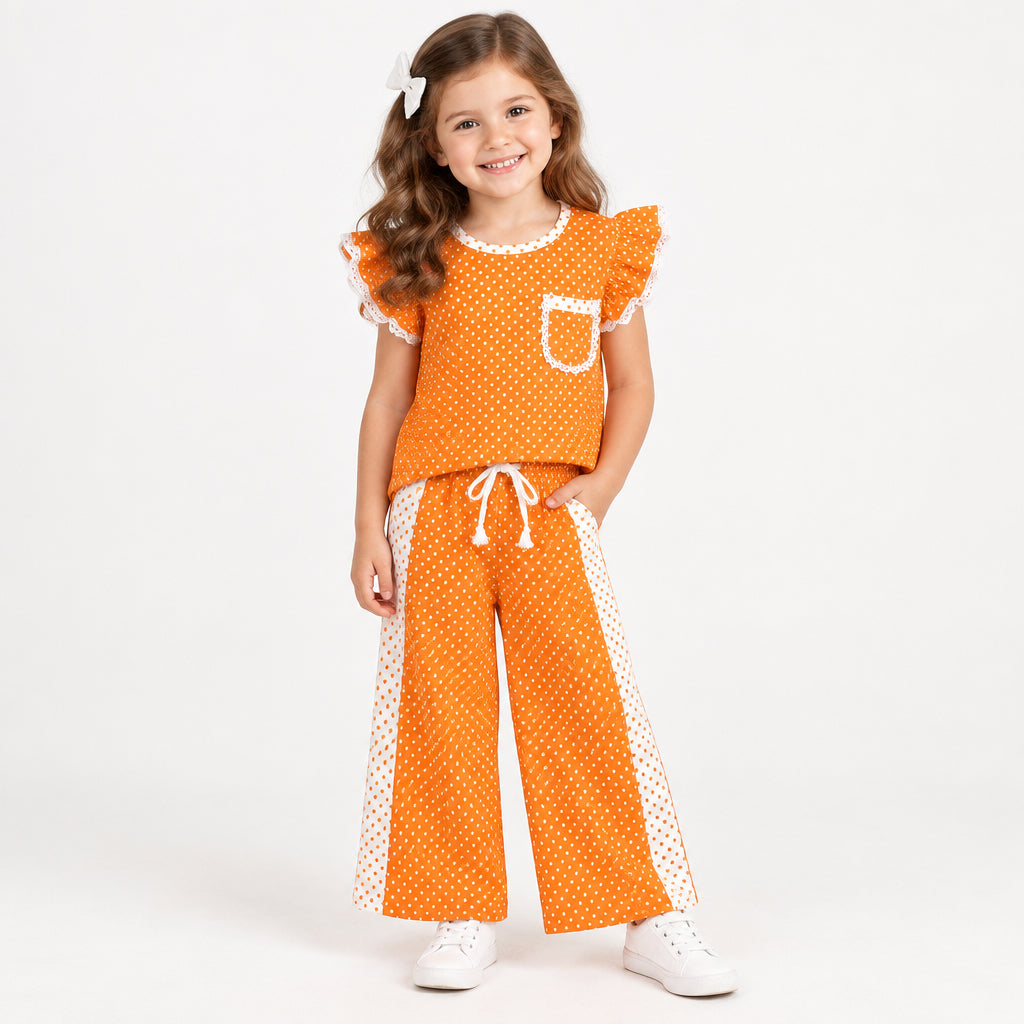 orange white polk dots pants set