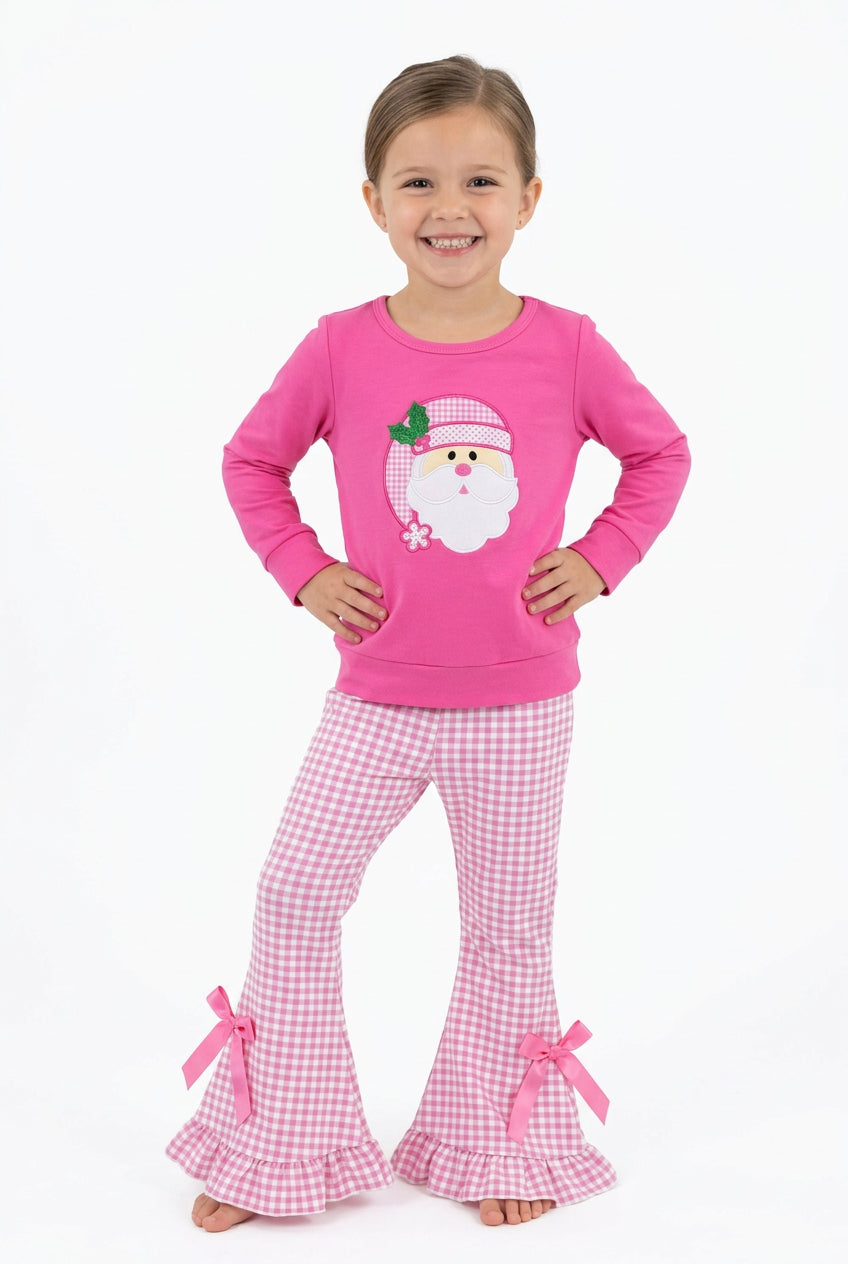 santa embroidery pink Christmas girl outfit