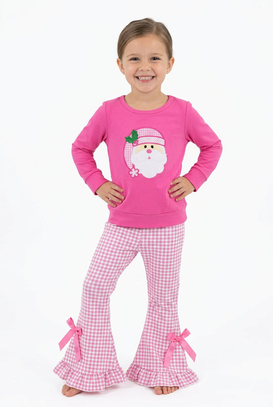 santa embroidery pink Christmas girl outfit
