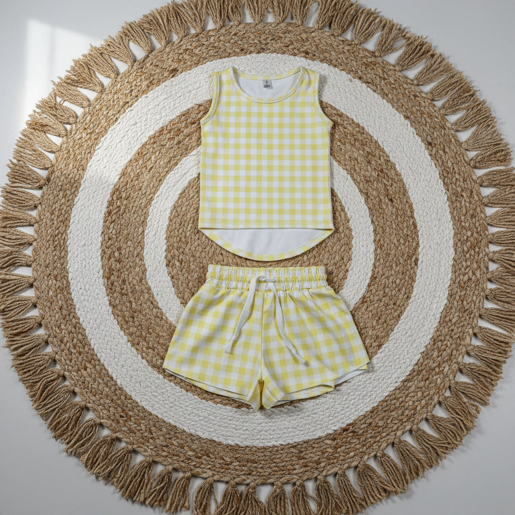 sleeveless yellow gingham athletic butterfly shorts outfit girls clothes