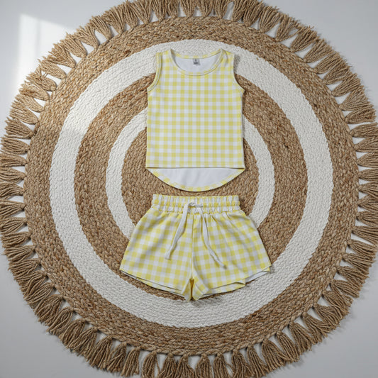 sleeveless yellow gingham athletic butterfly shorts outfit girls clothes