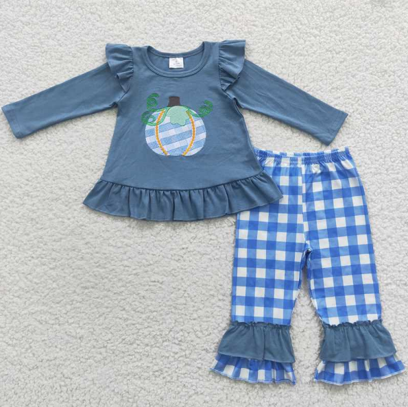 GLP0439 Embroidered Pumpkin Blue Plaid Lace Long Sleeve Trouser Set