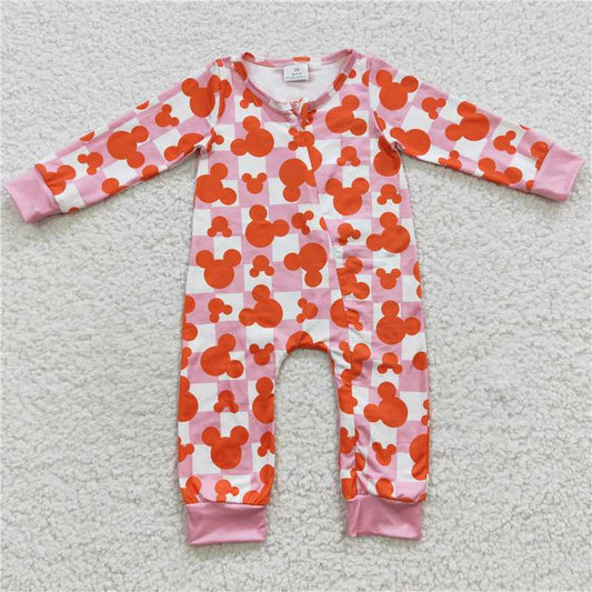 LR0309 Cartoon Print Pink and White Plaid Zipper Long Sleeve Jumpsuit
