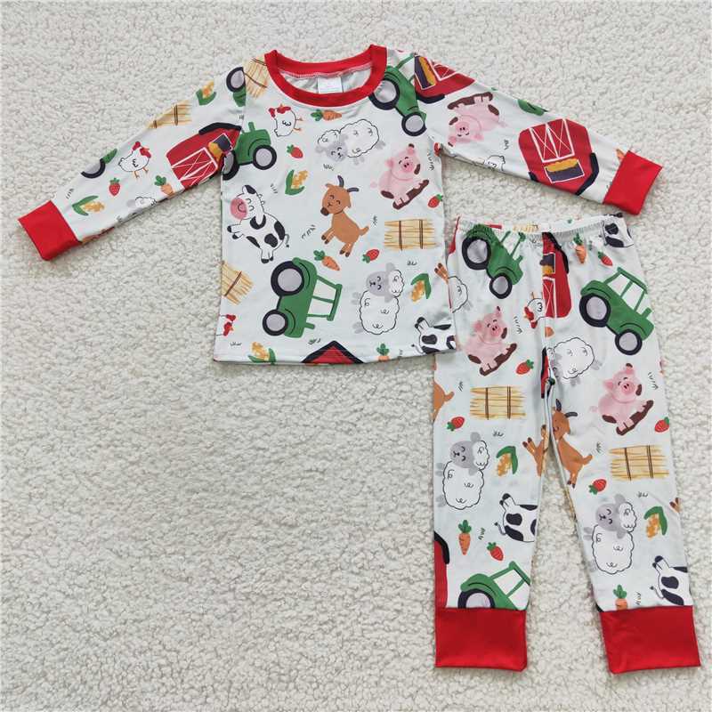 BLP0197 Farm Red House Cow Pig Sheep Animal Red Side Long Sleeve Suit