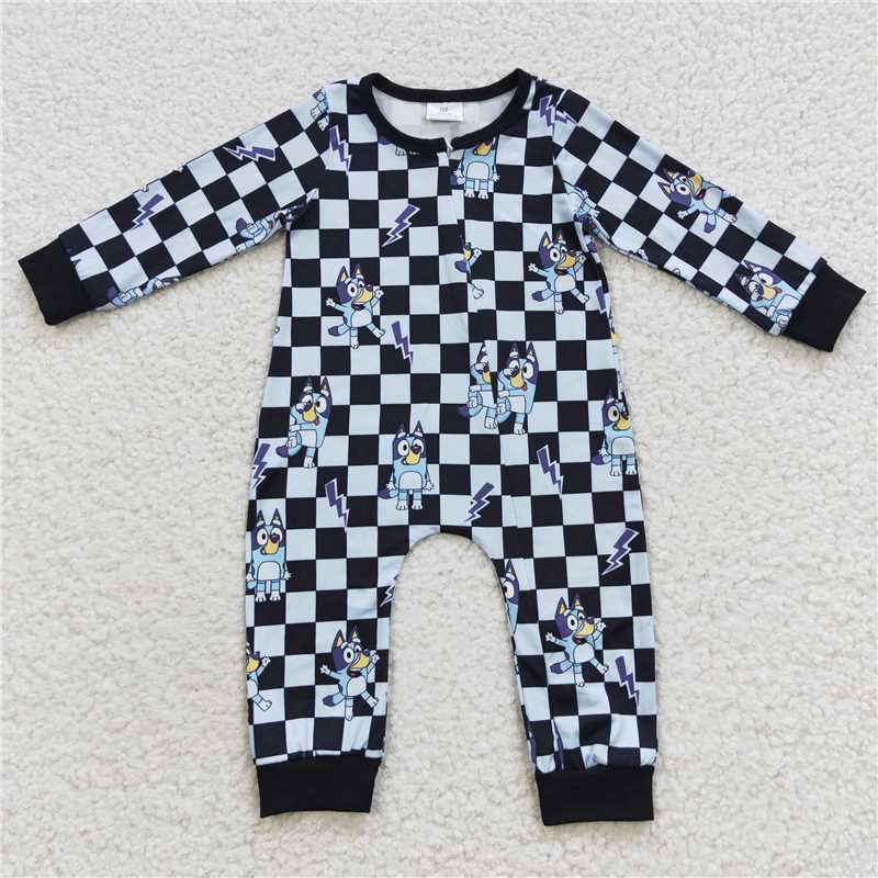 LR0303 Cartoon kids plaid zipper long sleeve jumpsuit