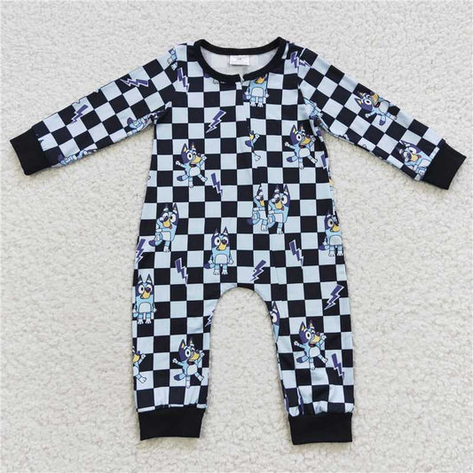 LR0303 Cartoon kids plaid zipper long sleeve jumpsuit