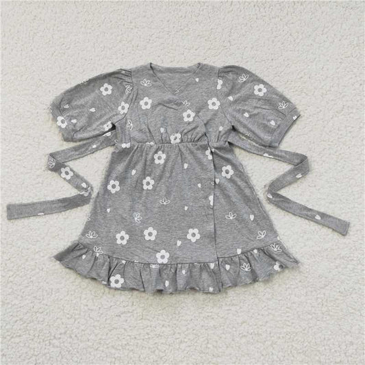 GSD0447 Floral Gray Knitted Tie Short Sleeve Lace Dress