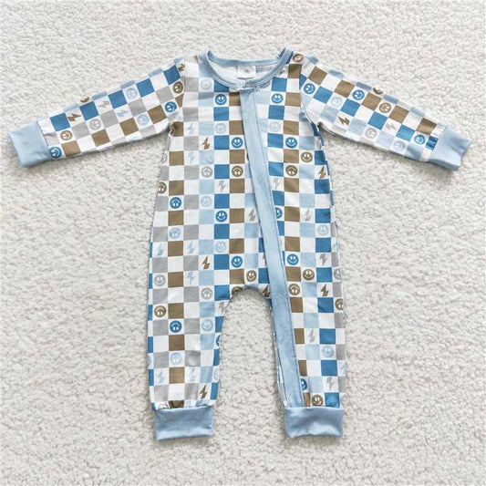 LR0313 Happy Lightning Plaid Blue Zipper Long Sleeve Bodysuit