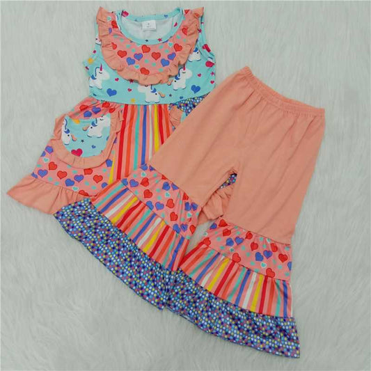 sleeveless unicorn heart print bells outfit for valentine's day