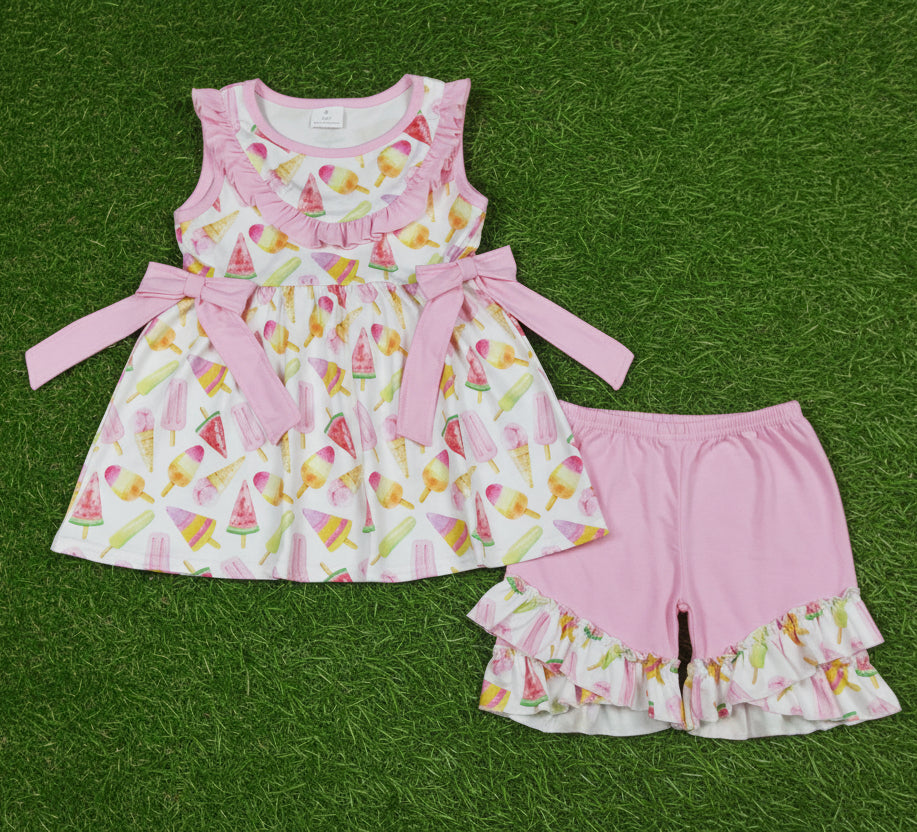 pink watermelon popsicle print ruffle shorts set