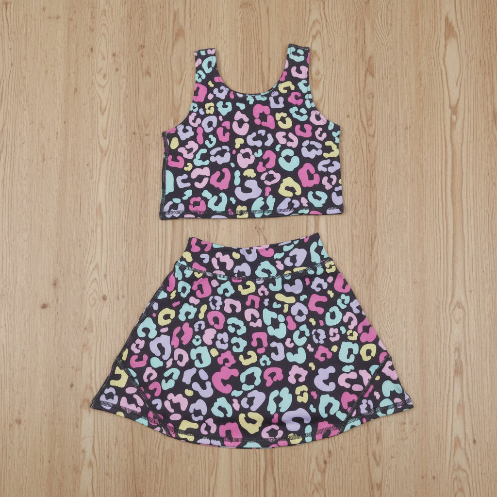 colorful leopard two pieces athletic skort dress set