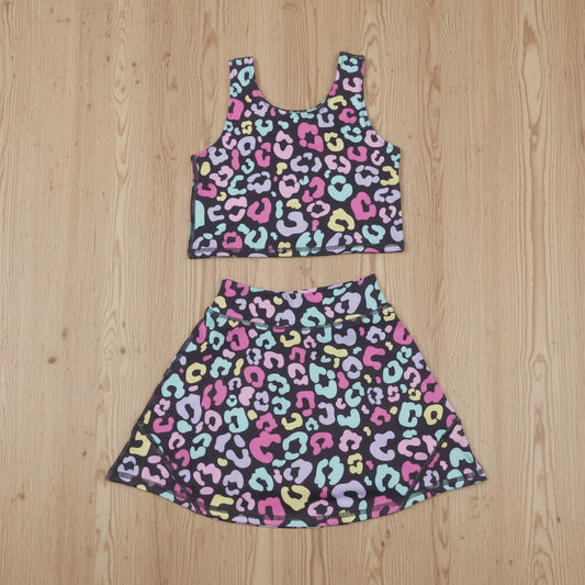 colorful leopard two pieces athletic skort dress set