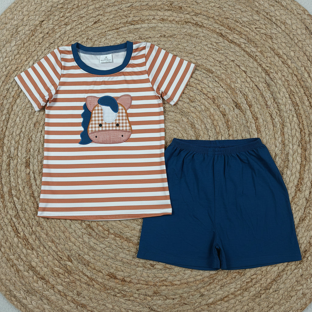 horse embroidery boy shorts set kids clothing