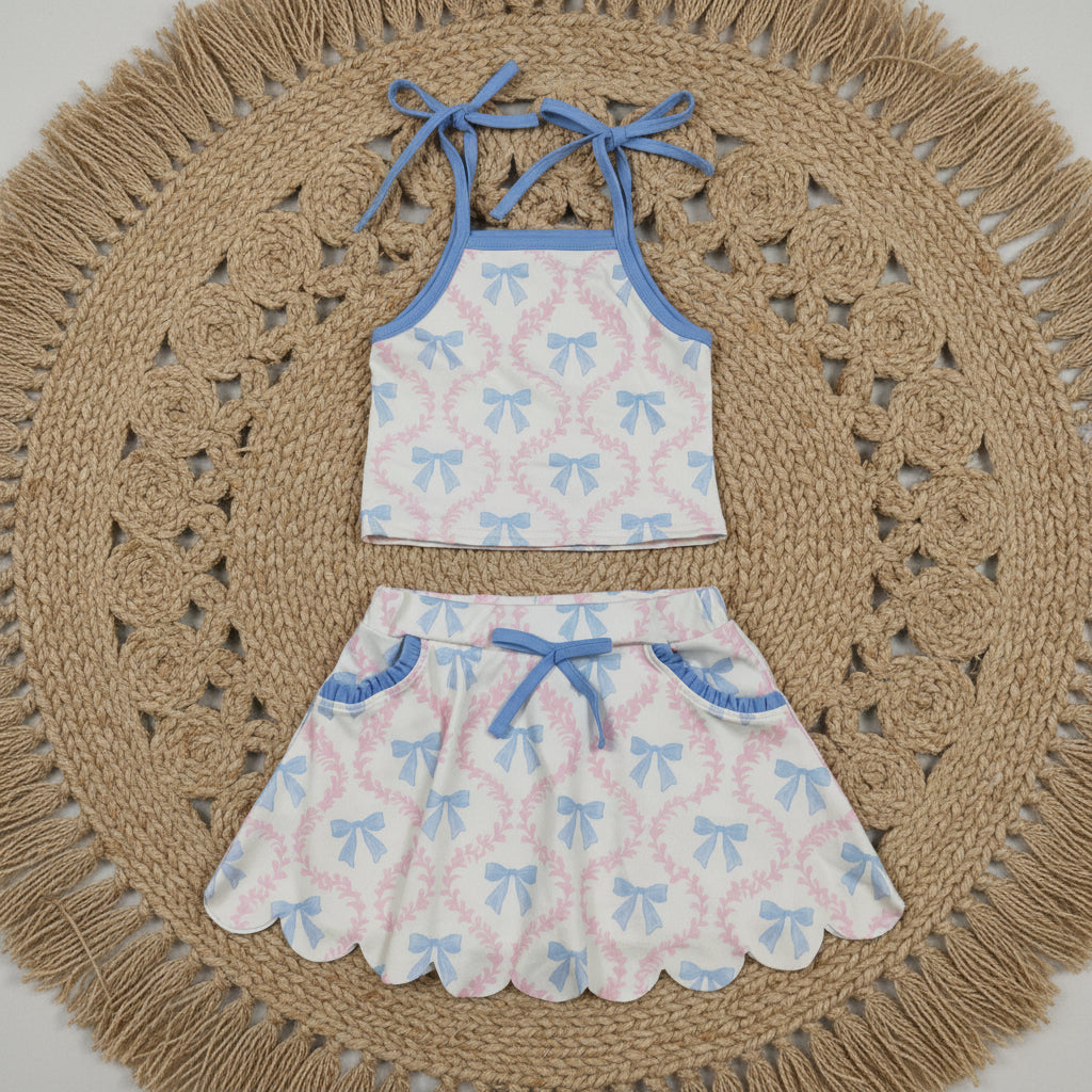 blue bow coquette scallop skorts set girl clothing