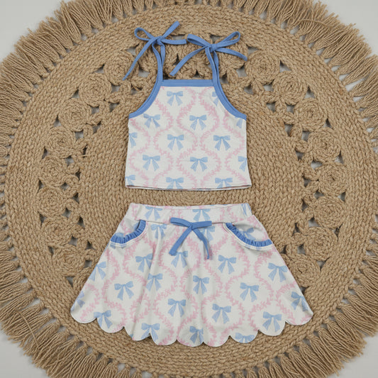 blue bow coquette scallop skorts set girl clothing