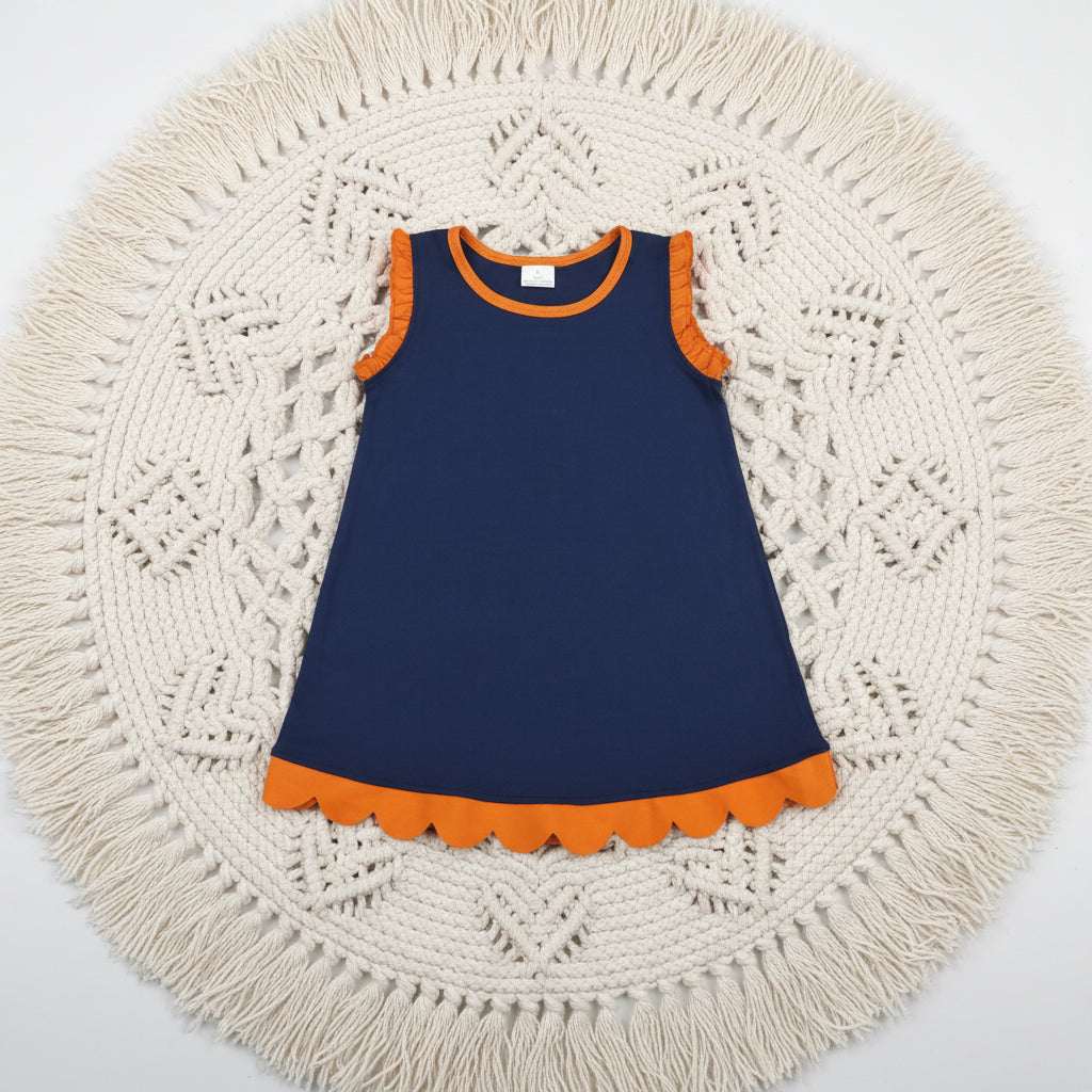 solid navy orange scallop dress