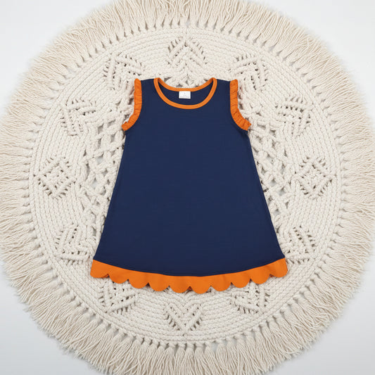 solid navy orange scallop dress