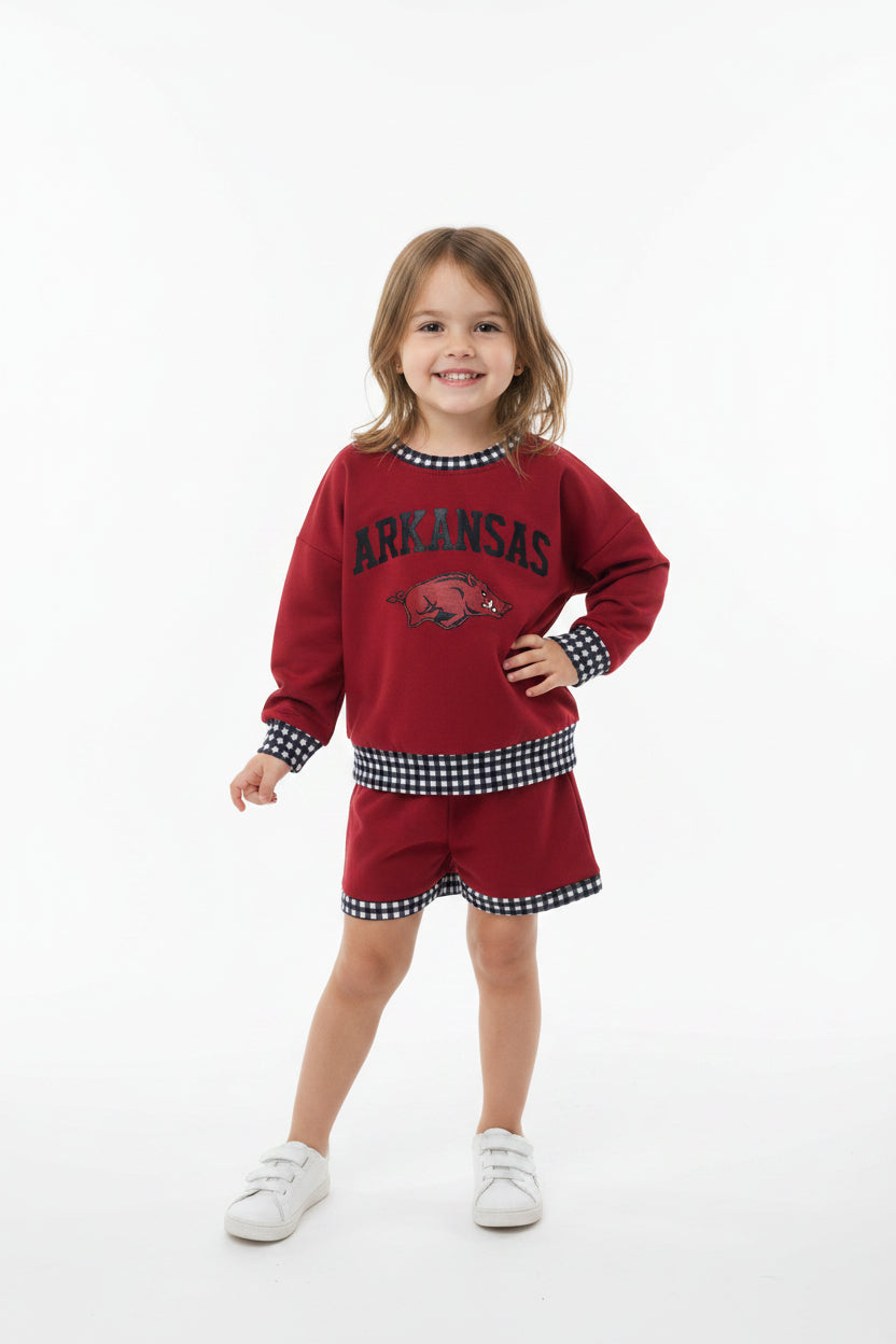 digital print maroon team Arkansas long sleeve sweatershirt shorts set