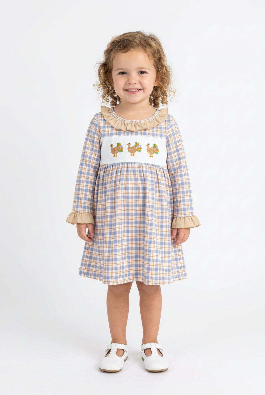 long sleeve turkey embroidery plaid dress