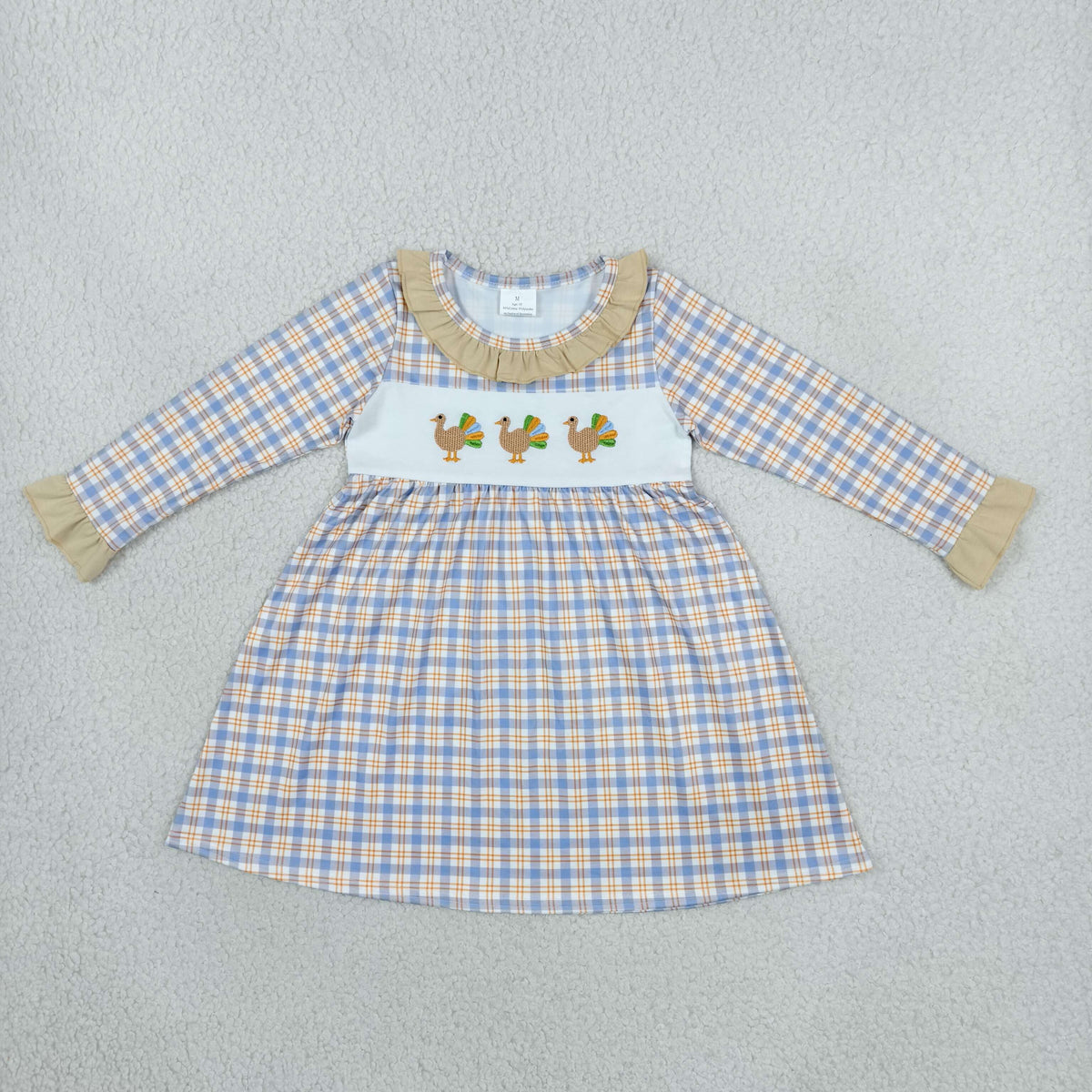 long sleeve turkey embroidery plaid dress