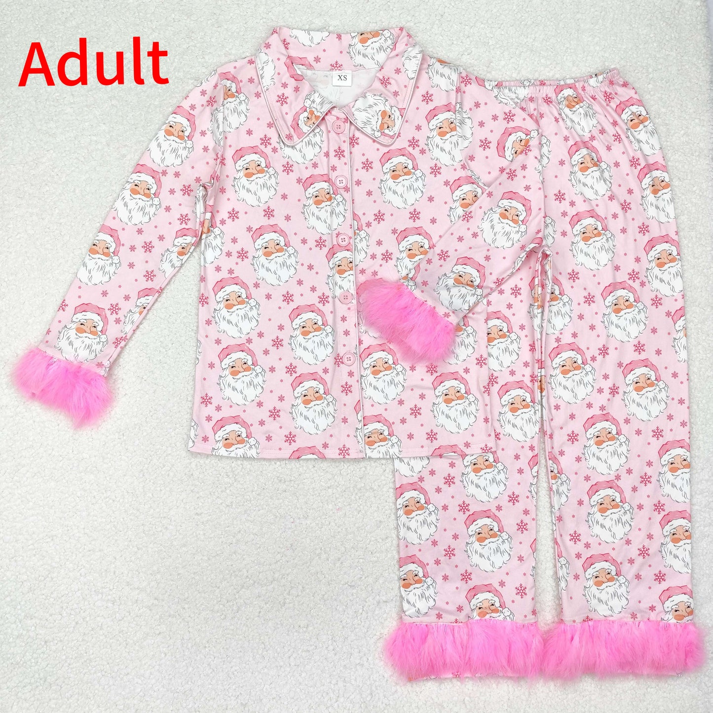 GLP1901  Adult women Santa Claus snowflake pink plush edge long sleeve long pants pajamas set