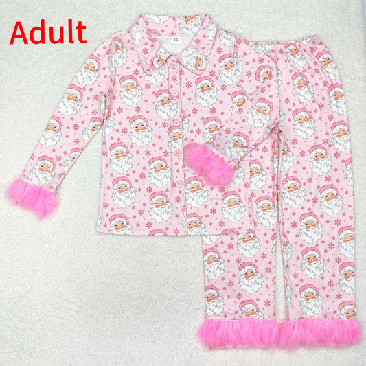 GLP1901 Adult women Santa Claus snowflake pink plush edge long sleeve long pants pajamas set