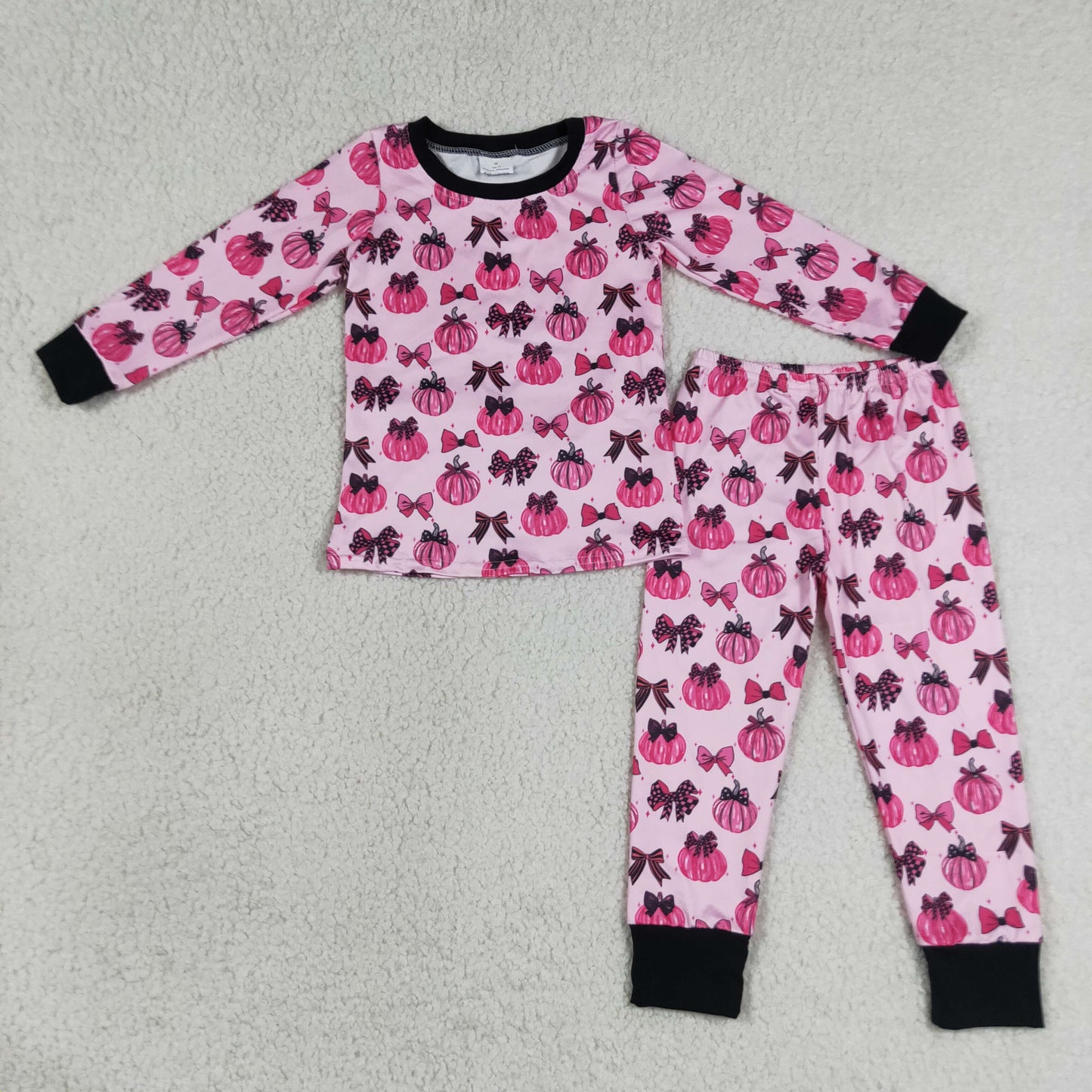 pink pumpkin bow two pieces fall girl pajamas