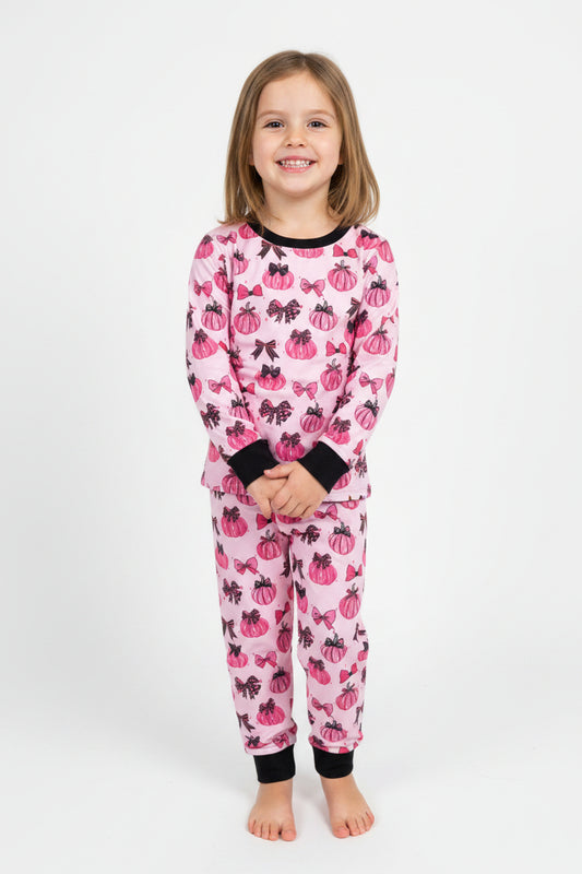 pink pumpkin bow two pieces fall girl pajamas