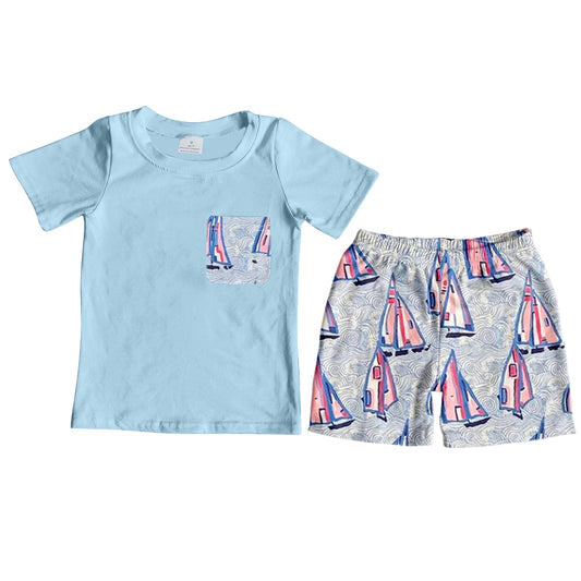 presale BSSO0869 Sailing Wave Pocket Blue Short Sleeve Shorts Set