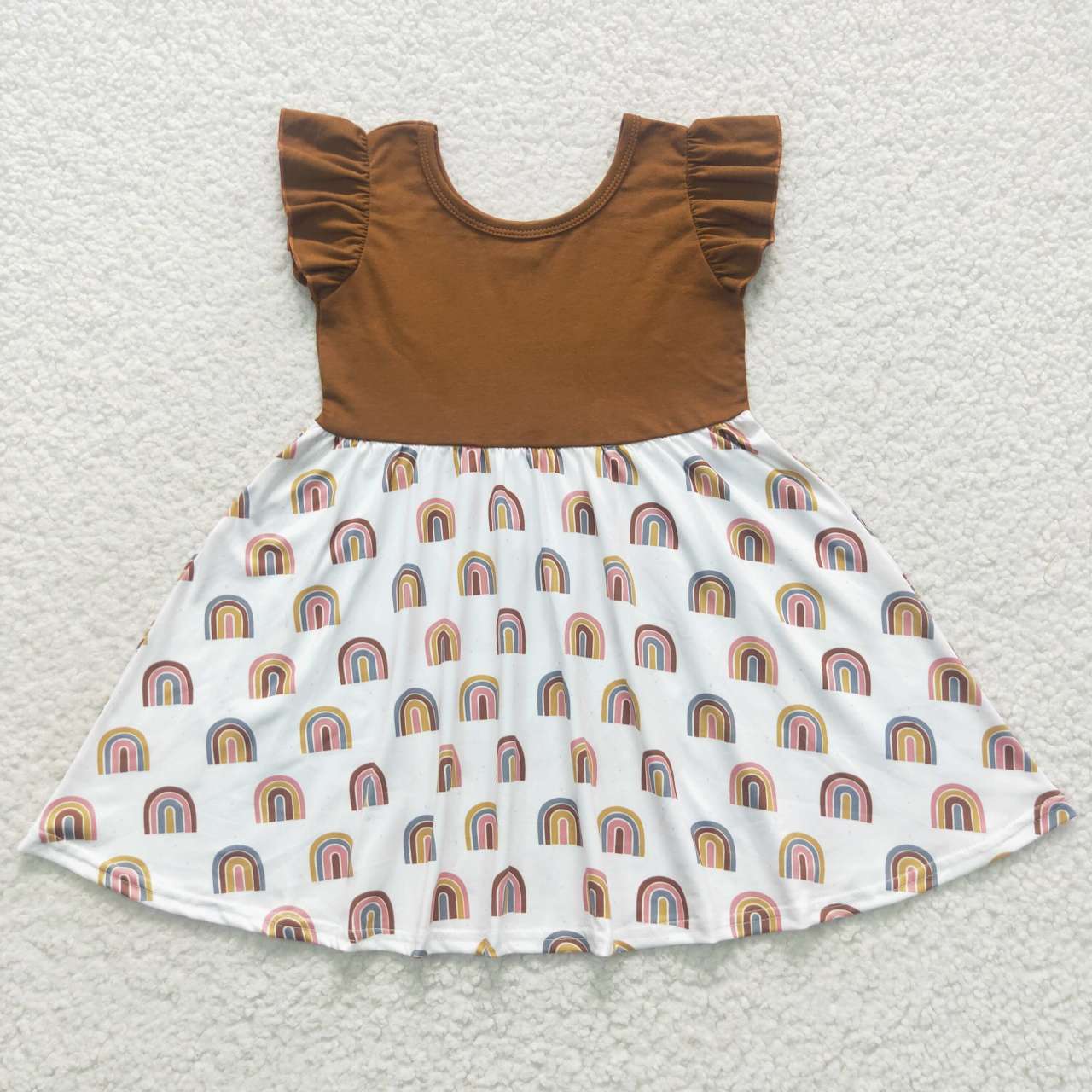 GSD0443 Rainbow Brown White Fly Sleeve Dress