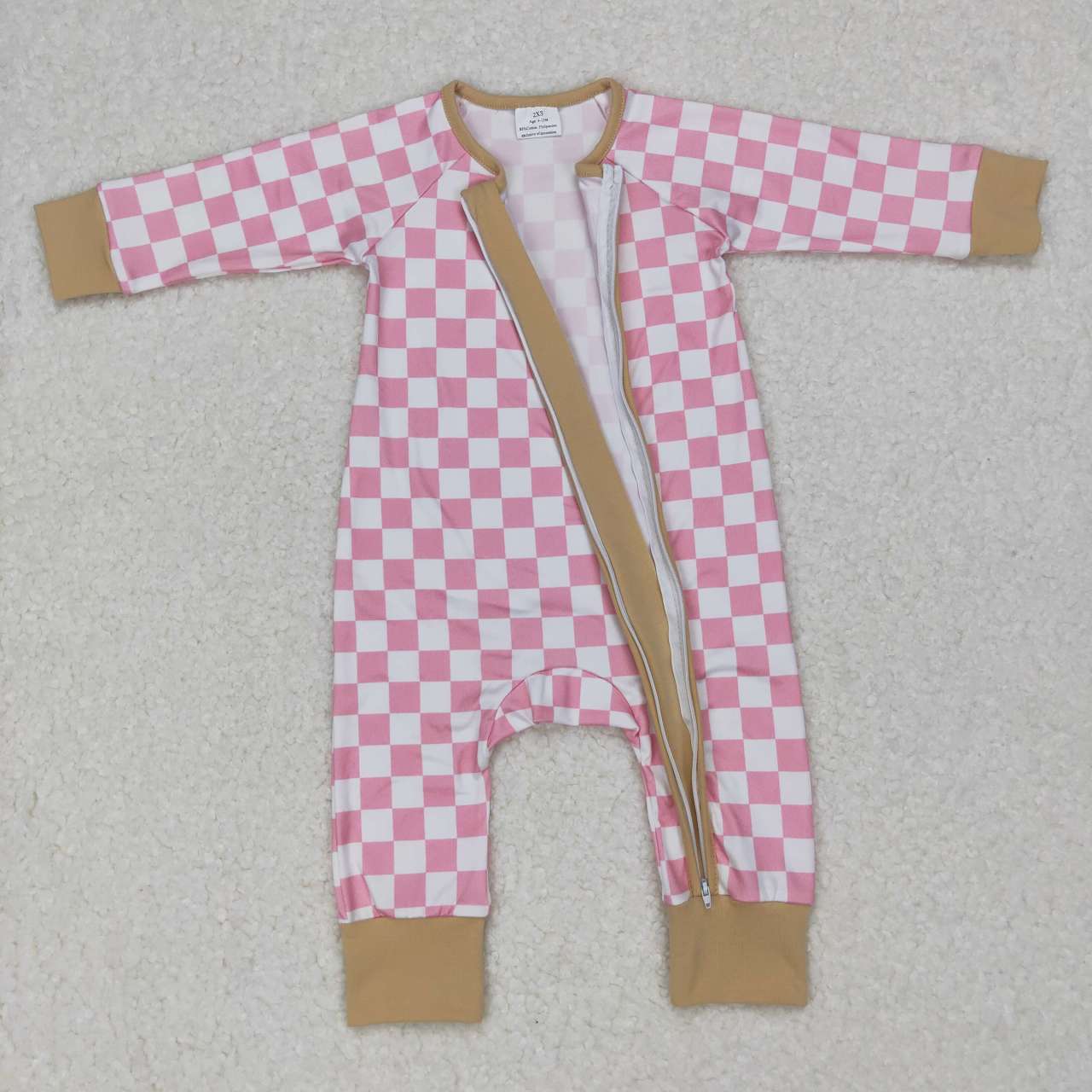 LR0731 Pink and white plaid yellow zipper long-sleeved jumpsuit