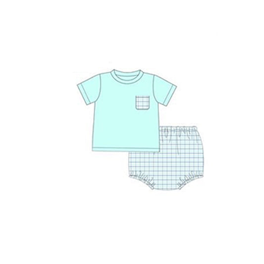 preorder GBO0337 Plaid Pocket Blue Short Sleeve Briefs Set