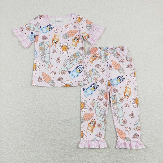 GSPO1278 Cartoon Dog Carrot smiley flower truck plaid pink short-sleeved trousers suit c