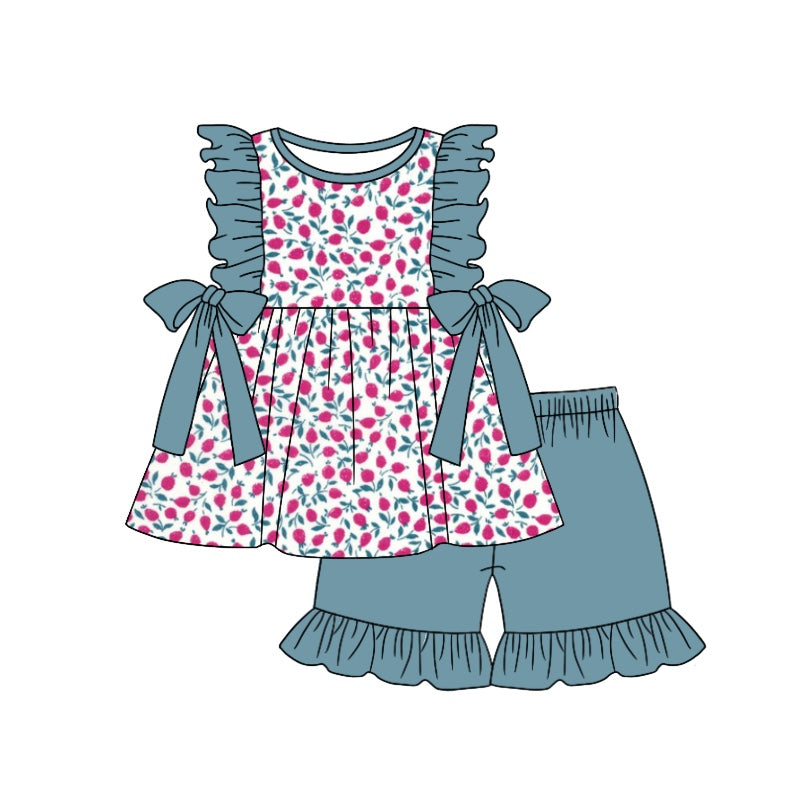 preorder GSSO0963 Baby Girls Hot Pink Flower Tunic Pearl Top Ruffle Shorts Set