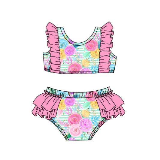 preorder S0382 Colorful floral striped pink lace swimsuit set