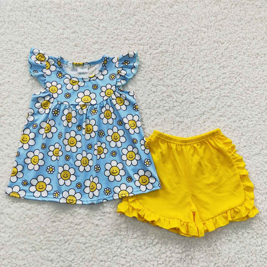 GSSO0318 Happy  Blue Flying Sleeve Yellow Shorts Set